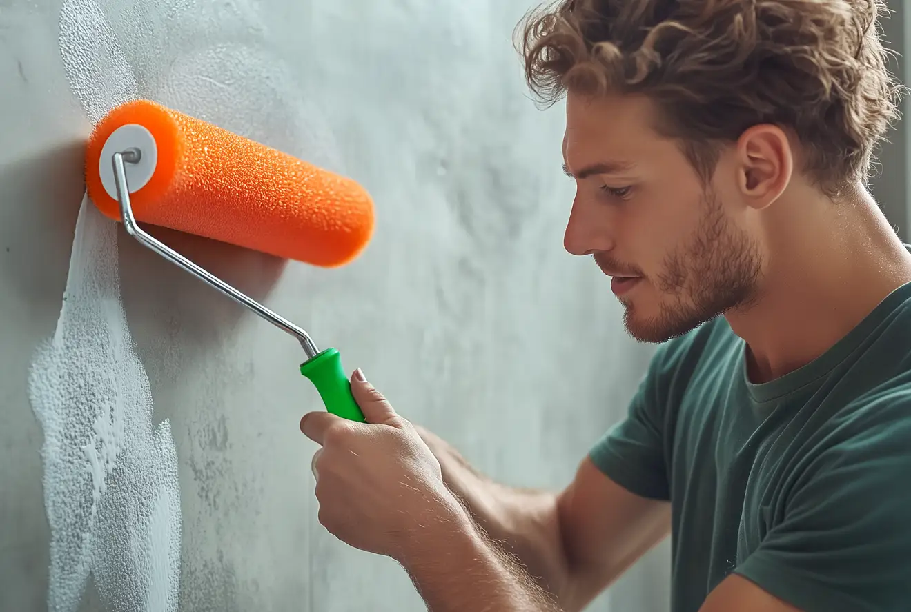 Profil d'un homme utilisant rouleau orange pour appliquer vernis pour béton ciré sur mur